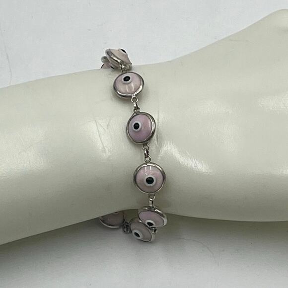 Sterling Silver Pink Glass Evil Eye Protection Lucky Bracelet 7.25” - Picture 1 of 9